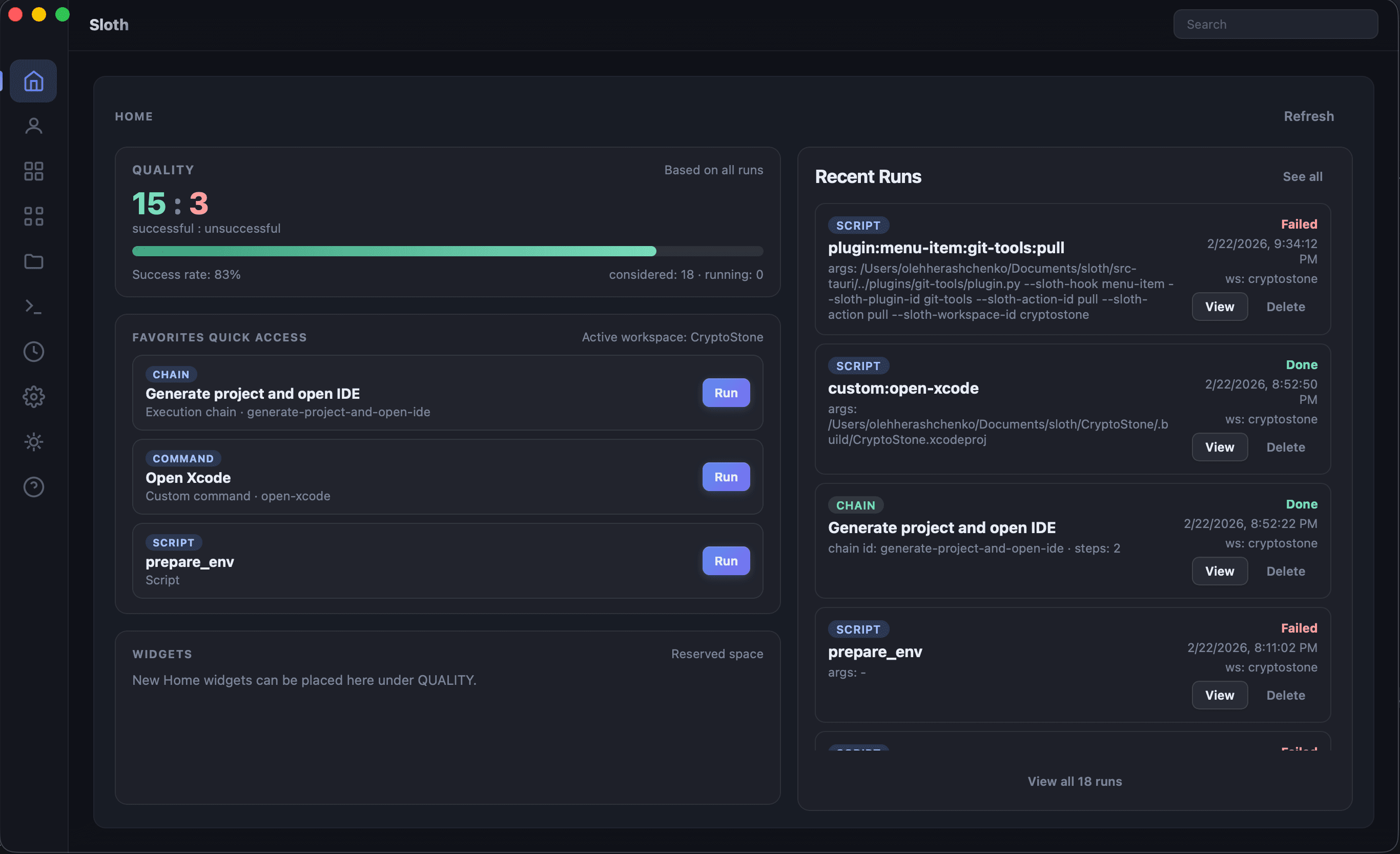 Worko home dashboard with quality and recent runs widgets