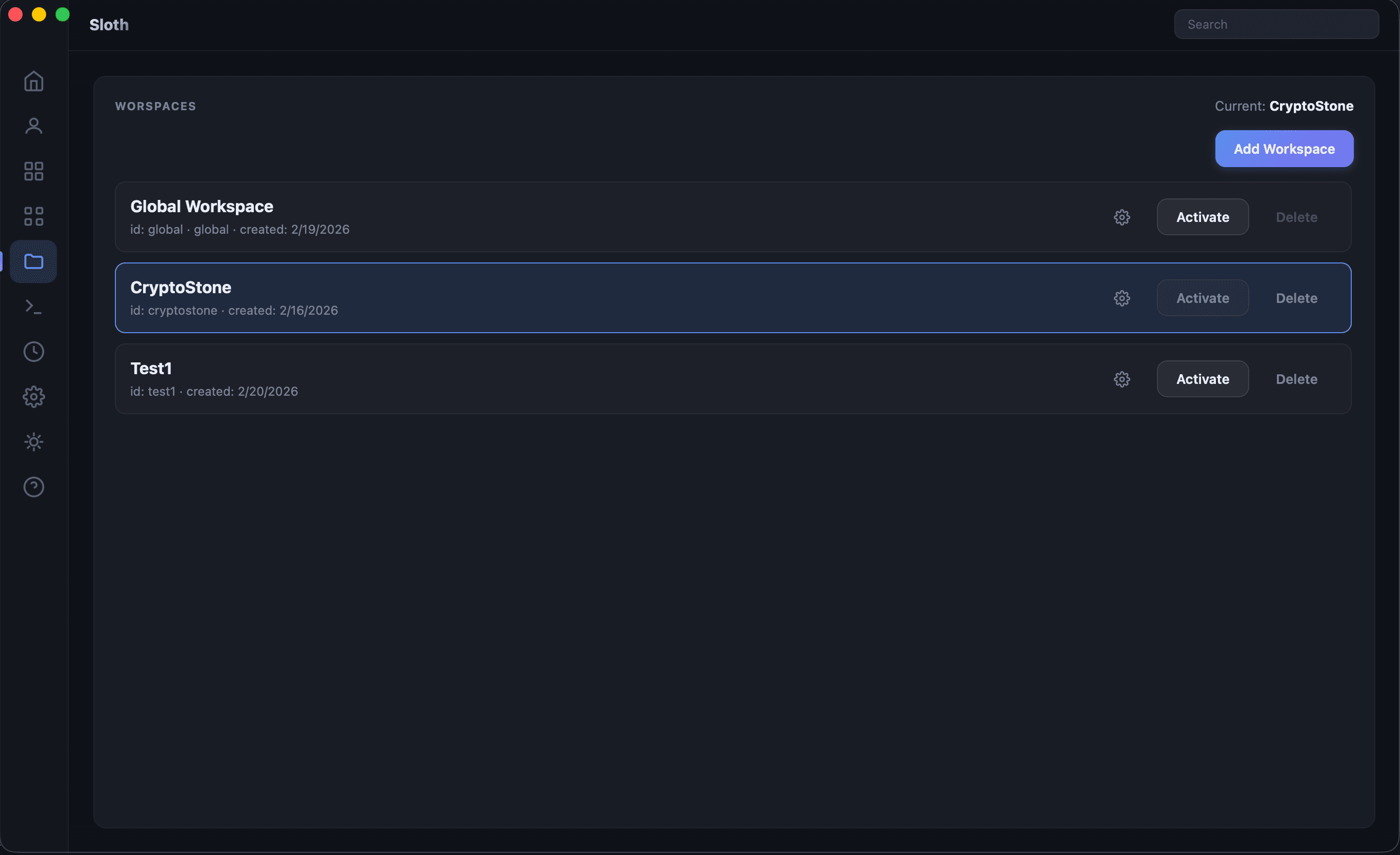 Workspaces tab with list of available workspaces