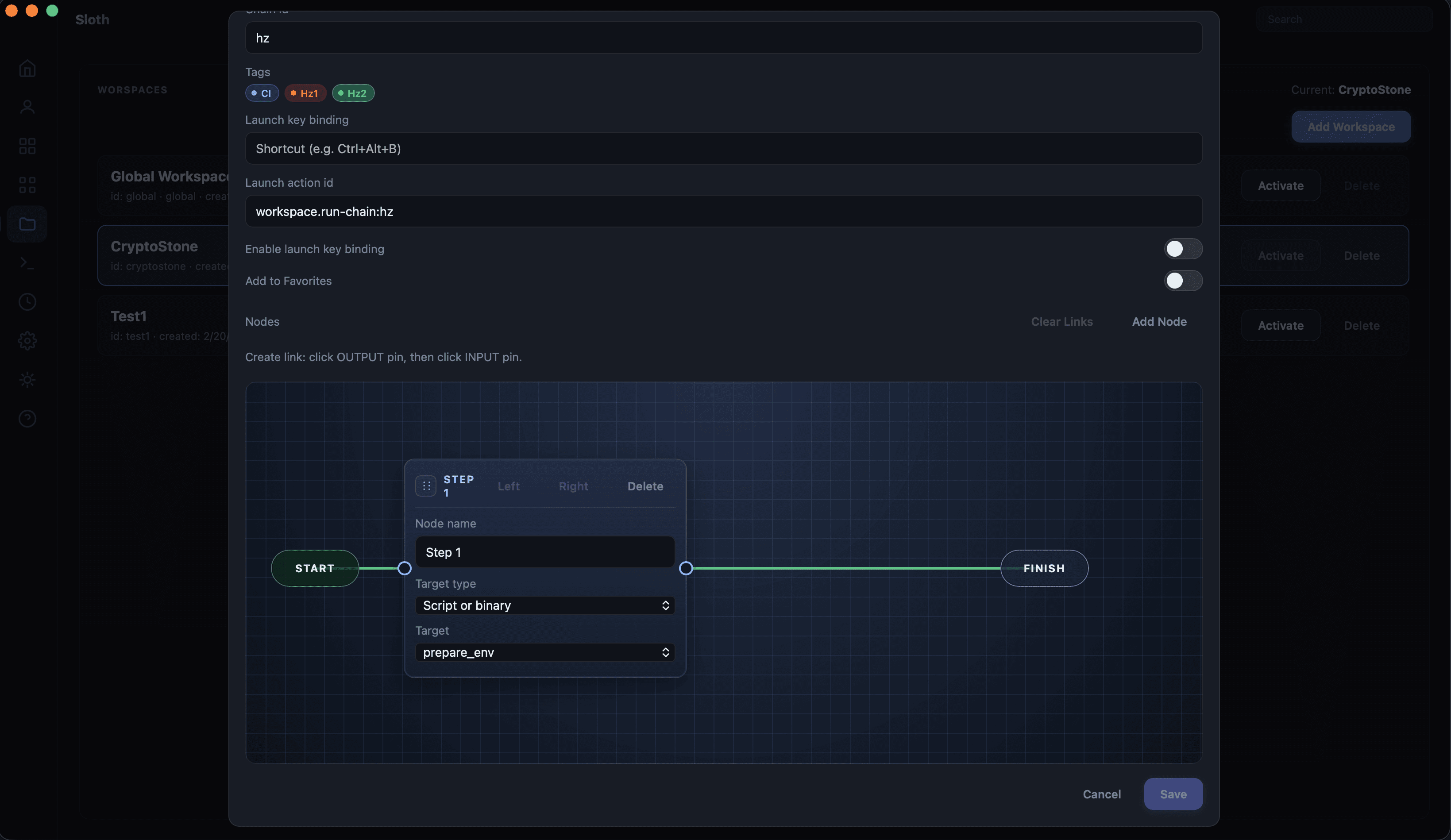 Chain editor with visual nodes and links